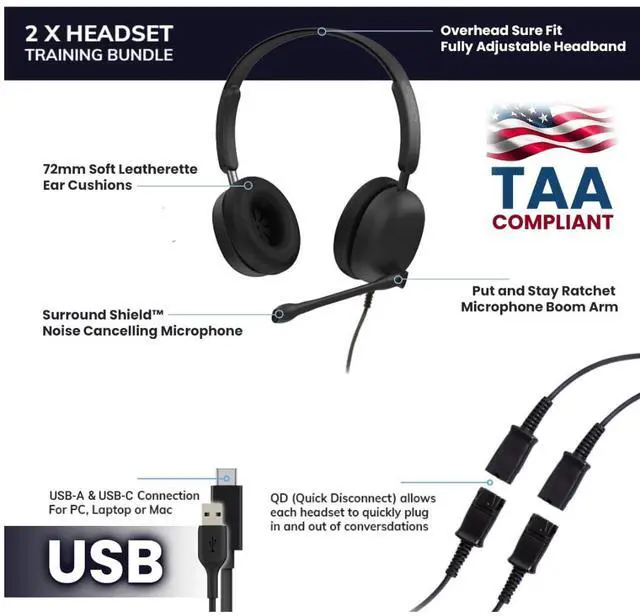Alt view image 2 of 5 - Project Telecom Training, Supervising & Coaching Binaural Headset Bundle TAA & NDAA Compliant USB-A & USB-C with Inline Controls Noise Cancelling Wide Compatibility (Binaural)