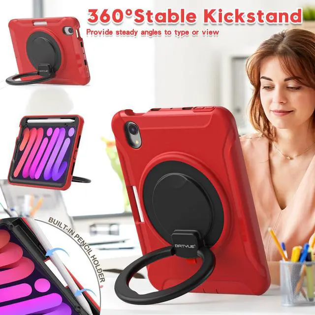 Alt view image 4 of 5 - BATYUE Case for iPad mini 7 (A17 Pro) 2024/ Mini 6 8.3'' 2021,Full-Body Shockproof Protective Case for Kids with 360° Rotating & 180° Folding Stand, Handle& Pencil Holder| Red