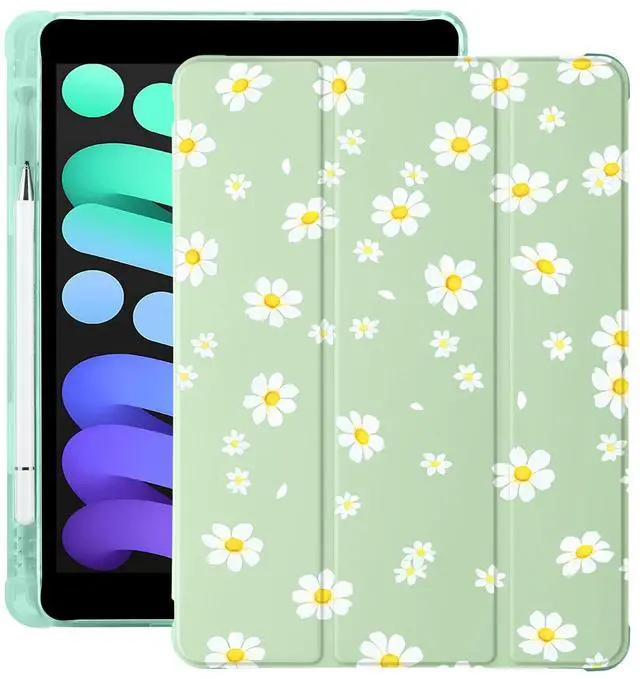 Main image of Cute Floral Flower for iPad (A16) 11th Generation Case 11 Inch 2025, for iPad 10th Generation Case 10.9 Inch 2022 with Pencil Holder, Auto Sleep/Wake, Green Leather Soft TPU Back Cover