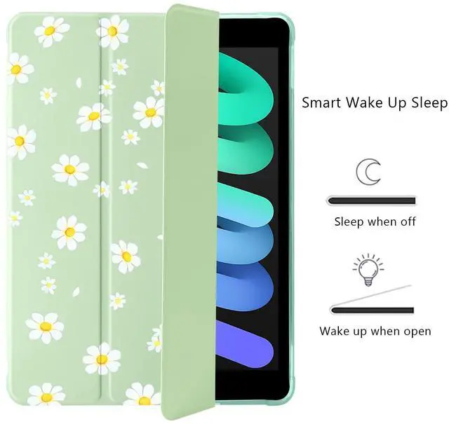 Alt view image 3 of 5 - Cute Floral Flower for iPad (A16) 11th Generation Case 11 Inch 2025, for iPad 10th Generation Case 10.9 Inch 2022 with Pencil Holder, Auto Sleep/Wake, Green Leather Soft TPU Back Cover