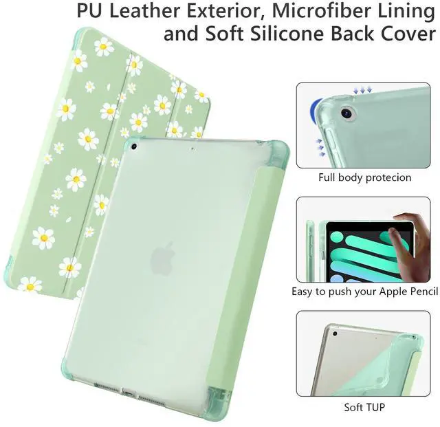 Alt view image 4 of 5 - Cute Floral Flower for iPad (A16) 11th Generation Case 11 Inch 2025, for iPad 10th Generation Case 10.9 Inch 2022 with Pencil Holder, Auto Sleep/Wake, Green Leather Soft TPU Back Cover