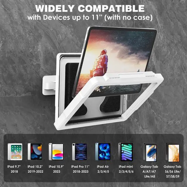 Alt view image 2 of 5 - MoKo Shower Tablet Holder, Stretchable Waterproof iPad Holder Fit All Devices Up to 11", 360° Rotation Tablet Wall Mount Holder with Anti-Fog Touchable Screen, 2 Placement Modes, for Bathroom Kitchen