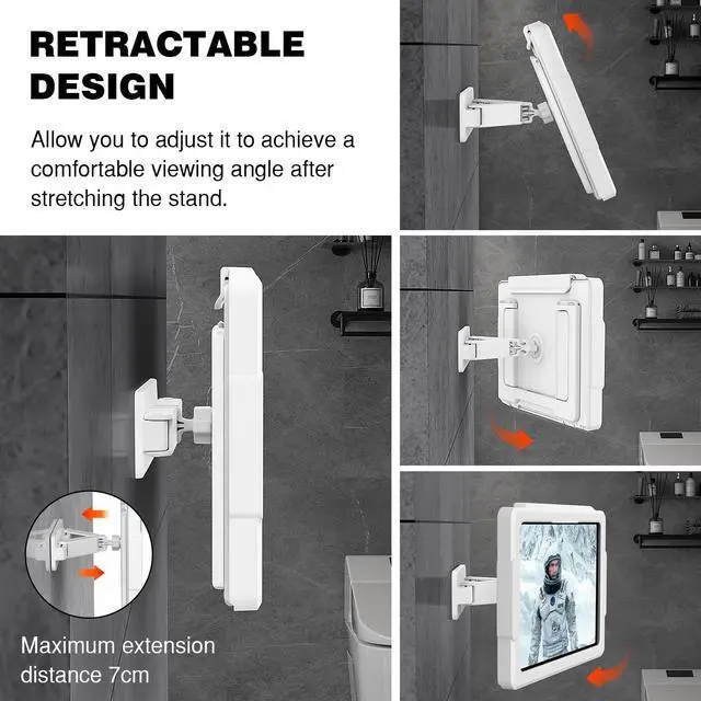 Alt view image 4 of 5 - MoKo Shower Tablet Holder, Stretchable Waterproof iPad Holder Fit All Devices Up to 11", 360° Rotation Tablet Wall Mount Holder with Anti-Fog Touchable Screen, 2 Placement Modes, for Bathroom Kitchen