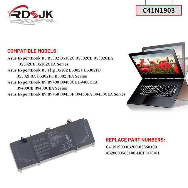 Alt view image 3 of 5 - C41N1903 Laptop Battery for Asus ExpertBook B9 B9400 B9400CE B9400CEA B9400CB B9400CBA B9450 B9450F B9450FA B9450CEA B5 Flip B5302 B5302CBA B5302CE B5302CEA B5302F B5302FBA B5302FE B5302FEA 15.4V 66Wh