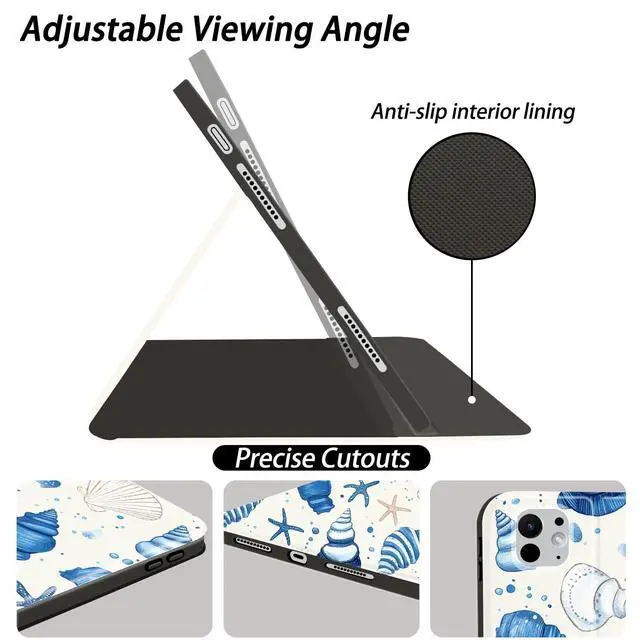 Alt view image 3 of 5 - AdorableWhimsy Blue Seashell Conch Case for iPad 10th Generation 2022 10.9"/iPad (A16) 11th Generation 2025 11" with Pencil Holder Folio Textured Leather Cover Multi-Angle Viewing Stand Case