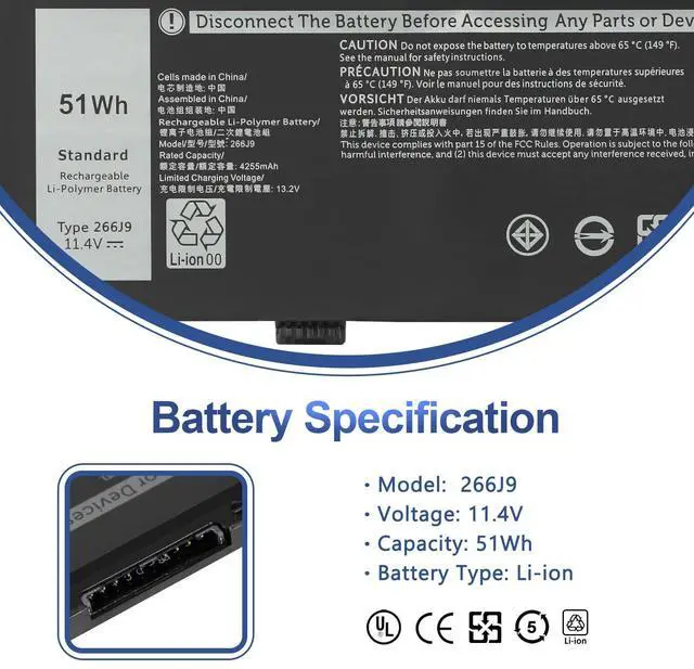 Alt view image 2 of 5 - 266J9 51Wh Laptop Battery Replacement for Dell G3 15 3500/ G3 15 3590/ G3 15 3790/ G5 15 5500/ G5 SE 5505, Inspiron 14 5490 P89F P89F001 P89F002 P89F004 P89F003 0415CG MV07R C9VNH 0PN1VN 0M4GWP
