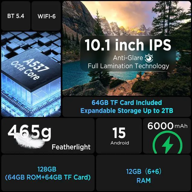Alt view image 2 of 5 - Callsky-Tab Android Tablet,10.1 Inch Android 15 Tablet with Octa-Core Processor,12GB RAM+128GB ROM(64GB ROM+64GB TF Card Included),1280 * 800 IPS HD Screen,6000mAh,Dual Camera,WiFi 6,BT 5.4