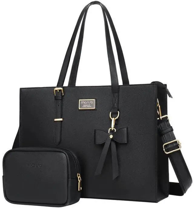 Main image of MOSISO Laptop Tote Bag for Women, 15.6 inch Large Capacity PU Leather Handbag Shoulder Professional Computer Bag Work Briefcase Messenger for Business Teacher Office with Bowknot & Small Purse, Black