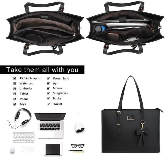 Alt view image 2 of 5 - MOSISO Laptop Tote Bag for Women, 15.6 inch Large Capacity PU Leather Handbag Shoulder Professional Computer Bag Work Briefcase Messenger for Business Teacher Office with Bowknot & Small Purse, Black