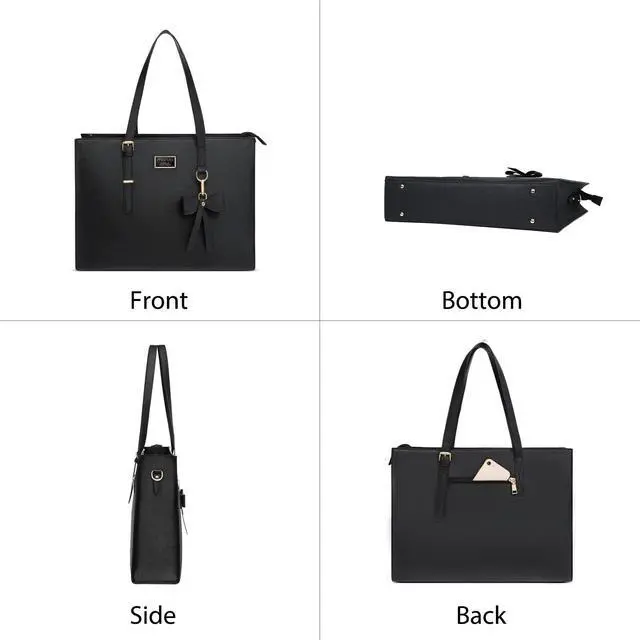Alt view image 4 of 5 - MOSISO Laptop Tote Bag for Women, 15.6 inch Large Capacity PU Leather Handbag Shoulder Professional Computer Bag Work Briefcase Messenger for Business Teacher Office with Bowknot & Small Purse, Black