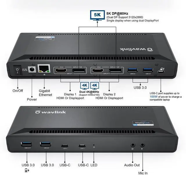 Alt view image 2 of 5 - WAVLINK DisplayLink Laptop Docking Station Dual 4K@60Hz(2 HDMI+2DP), 100W PD Charging Compatible with Thunderbolt 4/3, USB-C/A - M1 M2 M3 M4 Mac, Windows, Chrome, 6 USB Ports, LAN - Driver Required