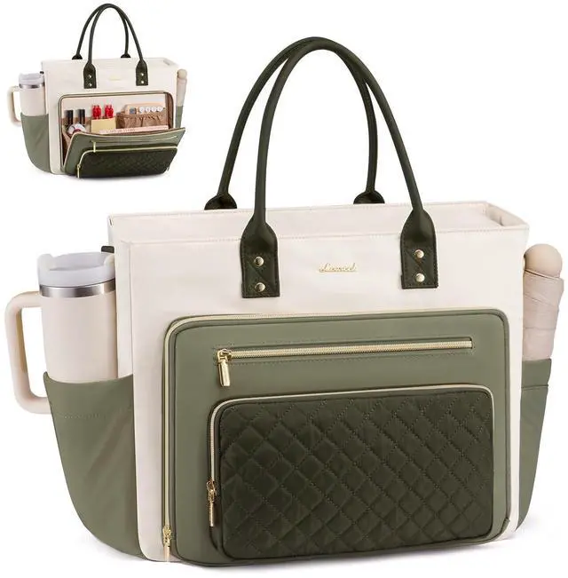 Main image of LOVEVOOK Teacher Tote Bag for Women Work, Laptop Bag With Large Cup Holder, Nurse Bags Professional Briefcase Business Computer Purses Handbag,Light Green-Beige-Olive Green,15.6 Inch