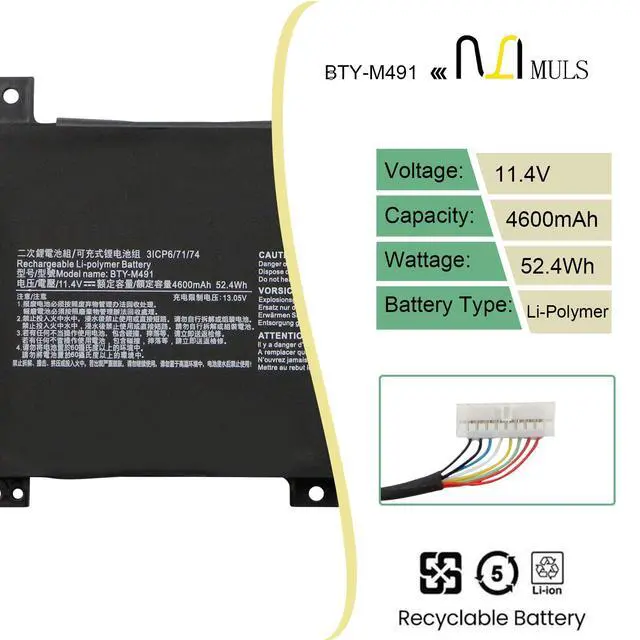 Alt view image 2 of 5 - BTY-M491 Laptop Battery for MSI Modern 15 A10M A10M-028DE A10RAS A10RB A10RD A11M A11SB A4M A4MW Summit B15 A11M Stealth 15M 11.4V 4600mAh White Connector