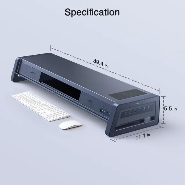 Alt view image 2 of 5 - Vaydeer All-in-One Dual Monitor Stand Riser with 2 Drawers, 8USB Ports and Wireless Charging Pad with LED Light Strip for 2 Monitors , Desk Organizer for PC, iMac (Metal, 39.3 inches)-White