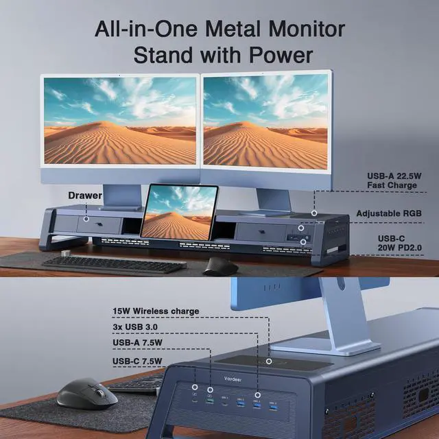 Alt view image 4 of 5 - Vaydeer All-in-One Dual Monitor Stand Riser with 2 Drawers, 8USB Ports and Wireless Charging Pad with LED Light Strip for 2 Monitors , Desk Organizer for PC, iMac (Metal, 39.3 inches)-White