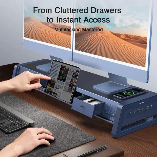 Alt view image 3 of 5 - Vaydeer All-in-One Dual Monitor Stand Riser with 2 Drawers, 8USB Ports and Wireless Charging Pad with LED Light Strip for 2 Monitors , Desk Organizer for PC, iMac (Metal, 39.3 inches)-White