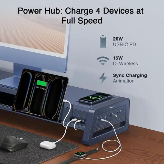 Alt view image 5 of 5 - Vaydeer All-in-One Dual Monitor Stand Riser with 2 Drawers, 8USB Ports and Wireless Charging Pad with LED Light Strip for 2 Monitors , Desk Organizer for PC, iMac (Metal, 39.3 inches)-White