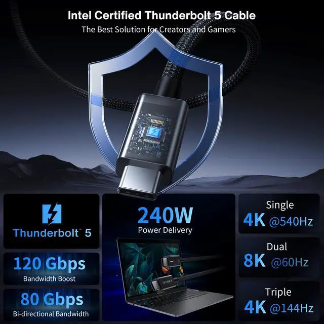 Alt view image 2 of 5 - IVANKY Intel Certified Thunderbolt 5 Cable 2Pack 3.3ft, 120Gbps Bandwidth, Support 16K/Dual 8K, 240W, Premium USB to USB Cable, Compatible for Thunderbolt 4/5,SSD,Monitor,MacBook M4-3.3FT, 2Pack