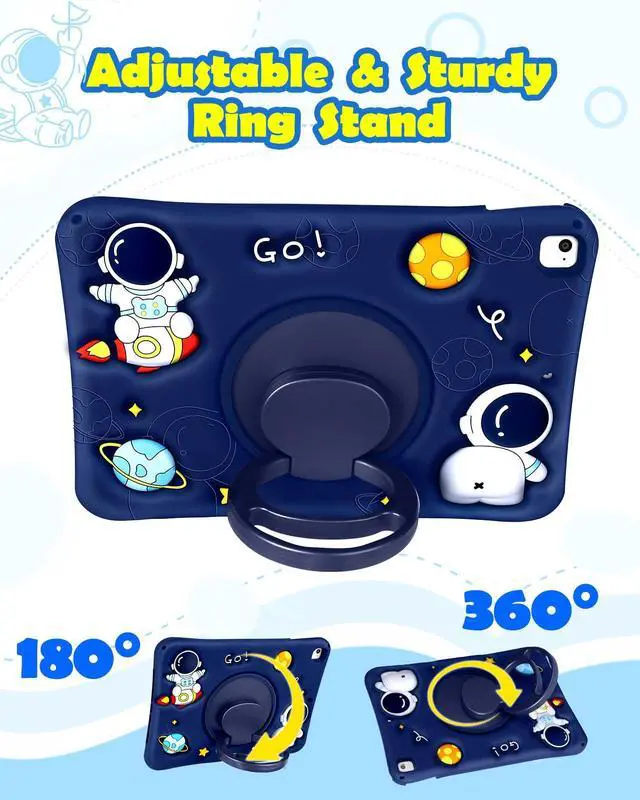 Alt view image 4 of 5 - Wazzasoft for iPad 6th Generation/iPad Air 2/Pro 9.7 Inch Case Boys Cute Astronaut Cover Kawaii 3D Cartoon Rotating Handle Stand+Strap Silicone Funda for Apple iPad Cases 6th Gen/ Air2/ Pro9.7