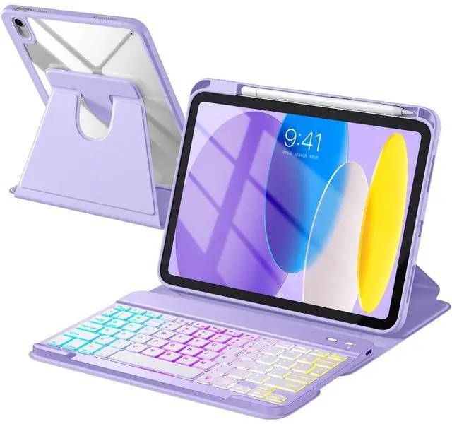 Main image of kidopire Compatible with iPad 11th 10th Generation Case with Keyboard - Detachable Wireless Keyboard Case for iPad A16 11-inch 2025 & 10.9-inch 2022, 7 Colors Backlit & 360° Rotatable Cover, Purple
