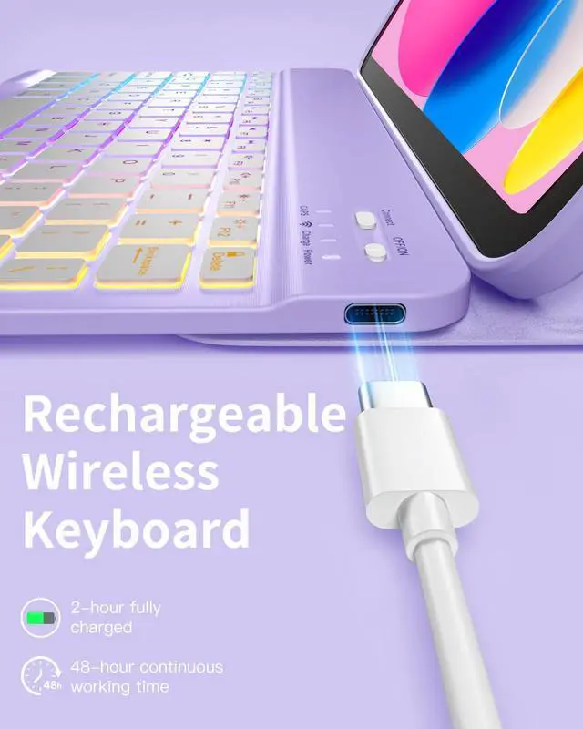 Alt view image 5 of 5 - kidopire Compatible with iPad 11th 10th Generation Case with Keyboard - Detachable Wireless Keyboard Case for iPad A16 11-inch 2025 & 10.9-inch 2022, 7 Colors Backlit & 360° Rotatable Cover, Purple