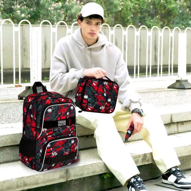 Alt view image 2 of 5 - 3Pcs Boys Backpack, 17 Inches School Bookbag Set for Teens College Students, Graffiti Laptop Backpacks with Lunch Box (Red)