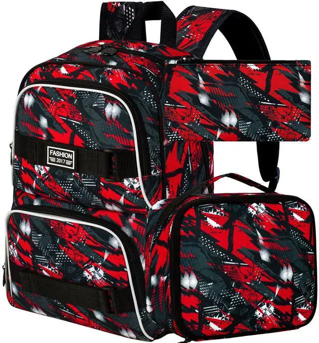 Main image of 3Pcs Boys Backpack, 17 Inches School Bookbag Set for Teens College Students, Graffiti Laptop Backpacks with Lunch Box (Red)