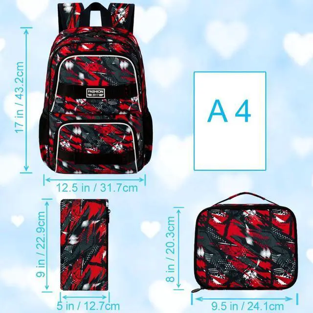Alt view image 4 of 5 - 3Pcs Boys Backpack, 17 Inches School Bookbag Set for Teens College Students, Graffiti Laptop Backpacks with Lunch Box (Red)