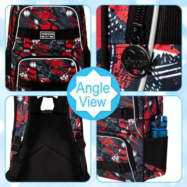 Alt view image 5 of 5 - 3Pcs Boys Backpack, 17 Inches School Bookbag Set for Teens College Students, Graffiti Laptop Backpacks with Lunch Box (Red)