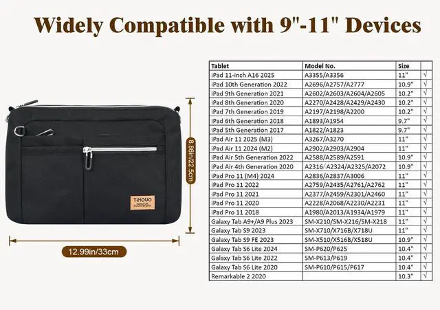 Alt view image 2 of 5 - TiMOVO 9-11 Inch Tablet Sleeve Bag for iPad 11-inch A16 2025, iPad 10th Generation 10.9"/10.2", i Pad Air 11/5th/4th Gen. 10.9", Galaxy Tab A9 Plus 11", Anti-Theft Deisgn & Shoulder Strap, Black