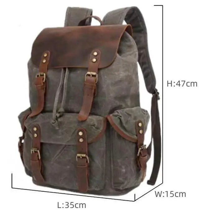 Alt view image 4 of 5 - Genuine Leather Canvas waxed Backpack Travel Rucksack Laptop Bag