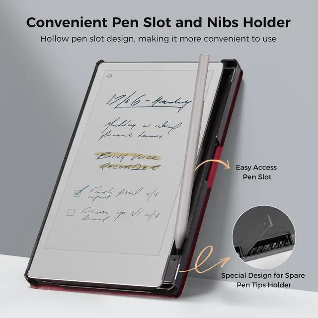 Alt view image 3 of 5 - CoBak Case with Hand Strap for Remarkable Paper Pro Move 7.3" 2025 Released - Smart Auto Sleep/Wake Folio Lightweight Protective Cover with Built-in Pen Holder and Nibs Holder (Red)