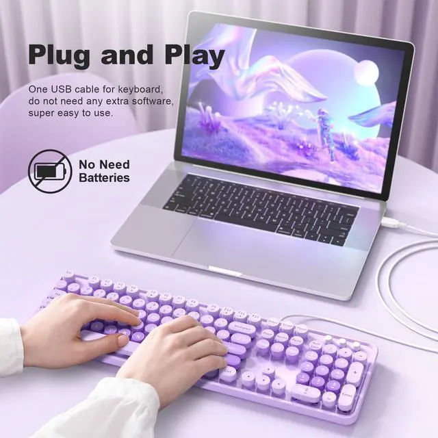 Alt view image 2 of 5 - MOFII Large Print Keyboard, USB Wired Computer Keyboard, Full Size Round Key Retro Typewriter Keyboard for Laptop PC Windows- Pale Purple