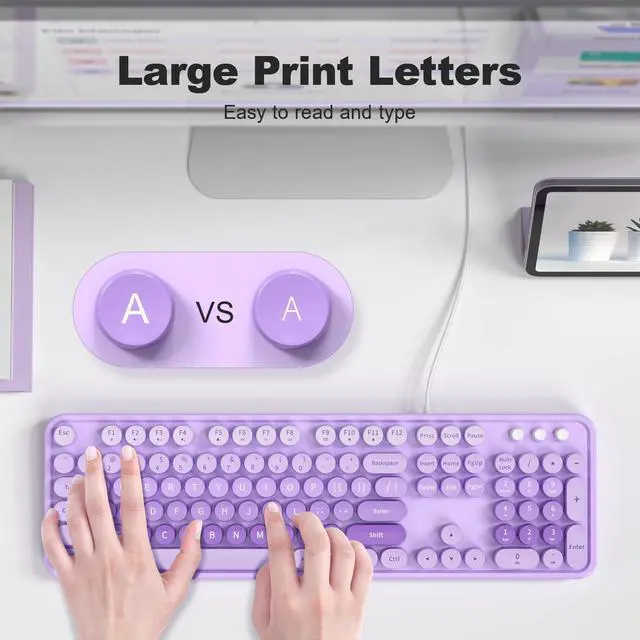 Alt view image 4 of 5 - MOFII Large Print Keyboard, USB Wired Computer Keyboard, Full Size Round Key Retro Typewriter Keyboard for Laptop PC Windows- Pale Purple