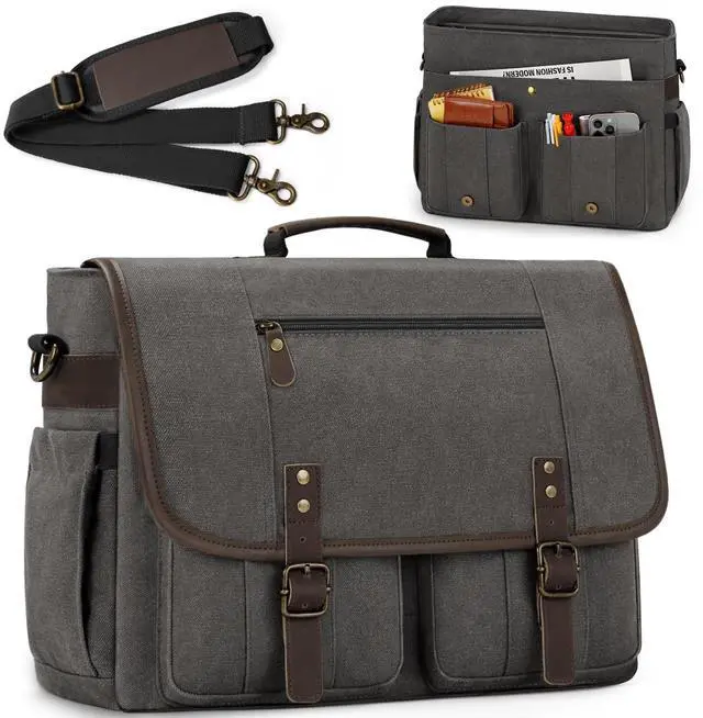 Main image of RAINSMORE Mens Messenger Bag 17-17.3 Inch Vintage Canvas Briefcase Water-resistant Large Computer Laptop Bag Rugged Satchel Shoulder Bag for Work Travel, Bookbag for College