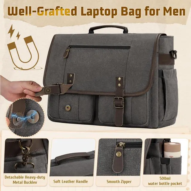 Alt view image 3 of 5 - RAINSMORE Mens Messenger Bag 17-17.3 Inch Vintage Canvas Briefcase Water-resistant Large Computer Laptop Bag Rugged Satchel Shoulder Bag for Work Travel, Bookbag for College