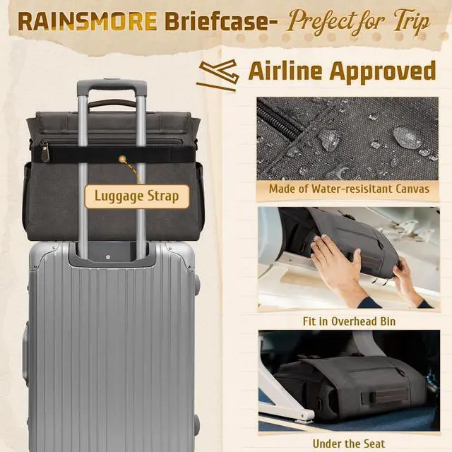 Alt view image 4 of 5 - RAINSMORE Mens Messenger Bag 17-17.3 Inch Vintage Canvas Briefcase Water-resistant Large Computer Laptop Bag Rugged Satchel Shoulder Bag for Work Travel, Bookbag for College