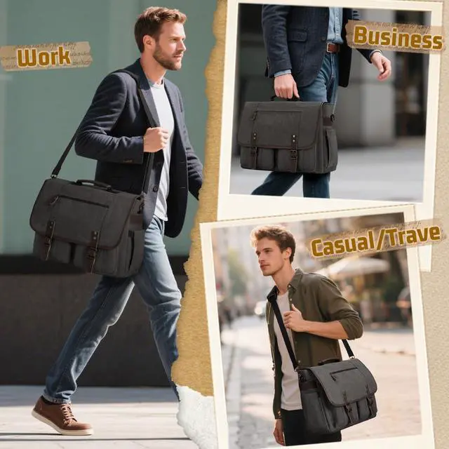 Alt view image 5 of 5 - RAINSMORE Mens Messenger Bag 17-17.3 Inch Vintage Canvas Briefcase Water-resistant Large Computer Laptop Bag Rugged Satchel Shoulder Bag for Work Travel, Bookbag for College