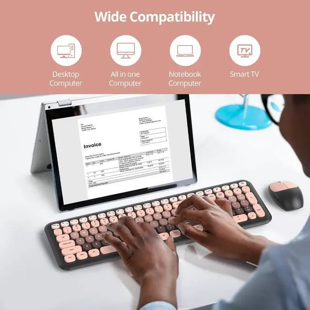 Alt view image 5 of 5 - Surmen Cute Colorful Keyboard and Mouse Wireless Silent, Full-Size Retro Typewriter Wireless Quiet Black and Pink Keyboard Low-Noise 2.4GHz for Computer, Desktop, Laptop(6-Heimei)