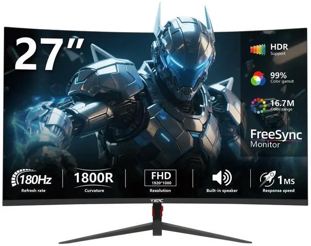Main image of YXPC 27inch Curved Gaming Monitor 180Hz FHD 1080p, 1ms VA Display, 1800R,FreeSync Premium, Borderless Design, Eye Care, Built-in Speakers, HDMI/DisplayPort, PC Office Monitor for Working and Gaming
