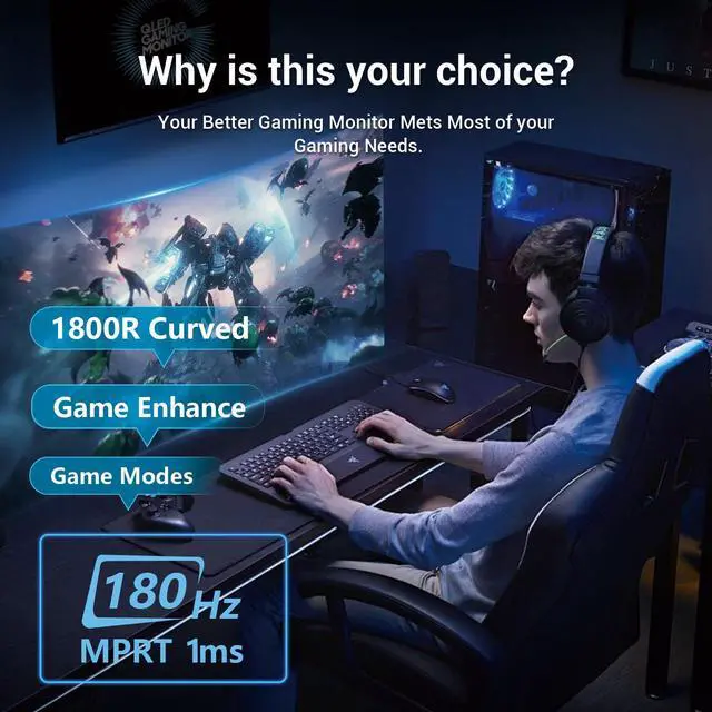 Alt view image 3 of 5 - YXPC 27inch Curved Gaming Monitor 180Hz FHD 1080p, 1ms VA Display, 1800R,FreeSync Premium, Borderless Design, Eye Care, Built-in Speakers, HDMI/DisplayPort, PC Office Monitor for Working and Gaming