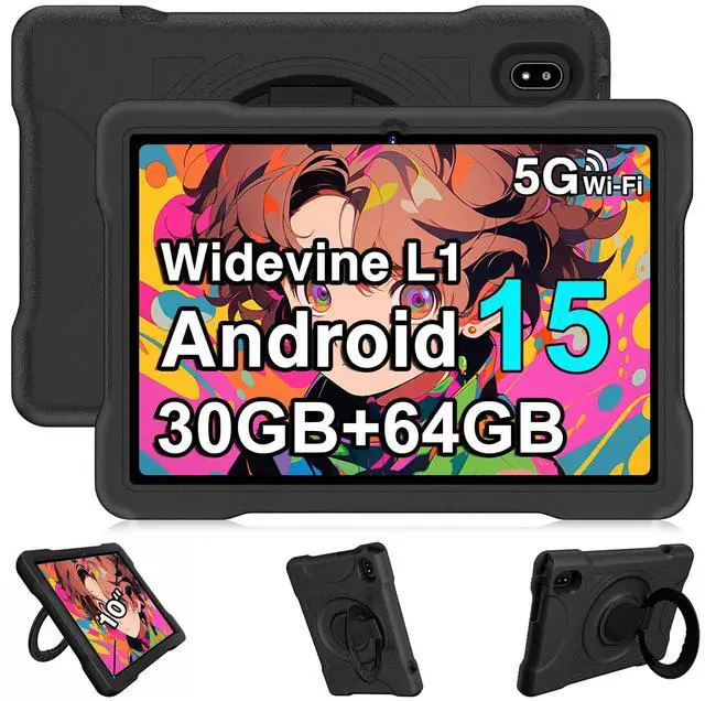 Main image of UJJ Kids Tablet 10 Inch Android 15 Tablets, 30GB RAM 64GB ROM 1TB Expand, Octa-Core Tablet with Gemini AI, 6000mAh, 5G WiFi, HD IPS Display, Widevine L1, Parental Control, Drop-Proof EVA Case (Black)