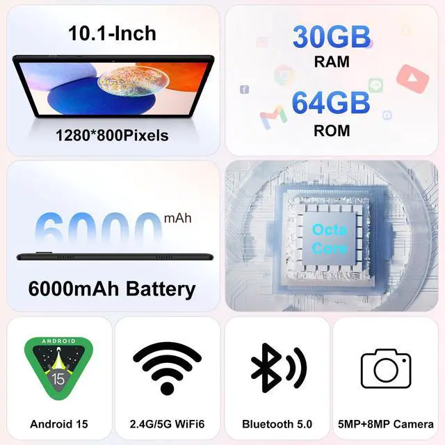 Alt view image 3 of 5 - UJJ Kids Tablet 10 Inch Android 15 Tablets, 30GB RAM 64GB ROM 1TB Expand, Octa-Core Tablet with Gemini AI, 6000mAh, 5G WiFi, HD IPS Display, Widevine L1, Parental Control, Drop-Proof EVA Case (Black)