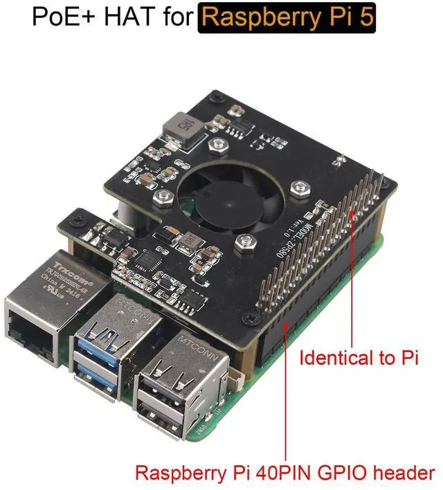 Alt view image 3 of 5 - ZDE ZP580 PoE+ HAT for Raspberry Pi 5 Power Over Ethernet HAT Adapter Board Supports 802.3af/at Network Standard with Onboard Cooling Fan
