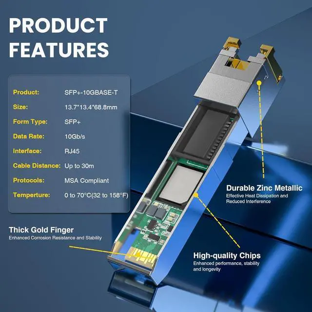 Alt view image 4 of 5 - 10G SFP+ to RJ-45 Transceiver, 1.25/2.5/5/10G-T Copper SFP+ CAT6a Module, Auto-Negotiation, Up to 30m, for Cisco SFP-10G-T-S, Ubiquiti UniFi UF-RJ45-10G, Meraki, TP-Link, Mikrotik, Netgear and More