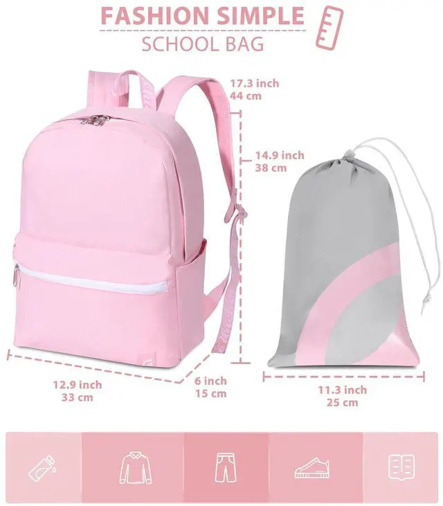 Alt view image 2 of 5 - TRAILKICKER Backpack for School, Basic Bookbag 22L for Women Girls Teens Middle School College, Durable Lightweight School Backpack with Drawstring Bag, 15 inch Laptop Compartment, Pink