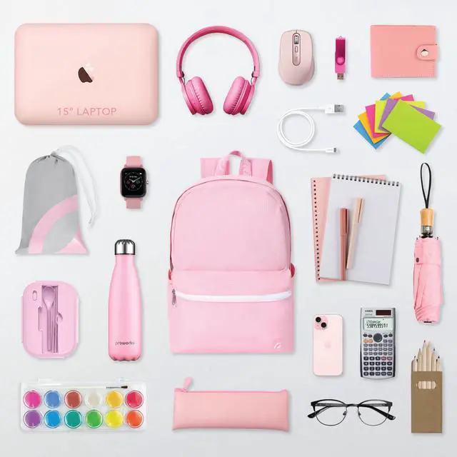 Alt view image 4 of 5 - TRAILKICKER Backpack for School, Basic Bookbag 22L for Women Girls Teens Middle School College, Durable Lightweight School Backpack with Drawstring Bag, 15 inch Laptop Compartment, Pink