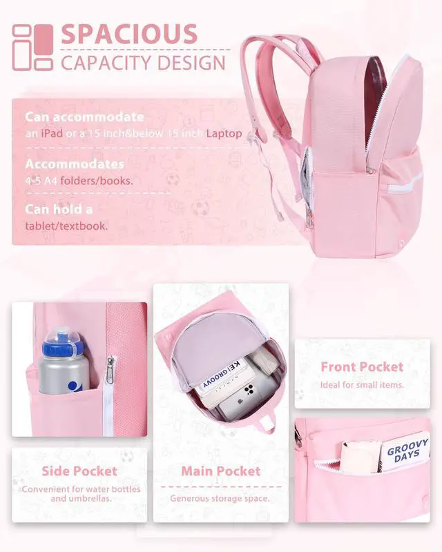 Alt view image 5 of 5 - TRAILKICKER Backpack for School, Basic Bookbag 22L for Women Girls Teens Middle School College, Durable Lightweight School Backpack with Drawstring Bag, 15 inch Laptop Compartment, Pink