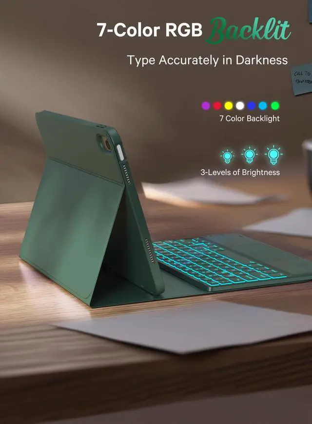 Alt view image 3 of 5 - CHESONA for iPad 10th Generation Case with Keyboard, 7 Color Backlight, Multi-Touch Trackpad, Flip Stand Case with Pencil Holder, 2 Wireless Channels for iPad (A16) 11th/10th Gen 2025/2022, Green