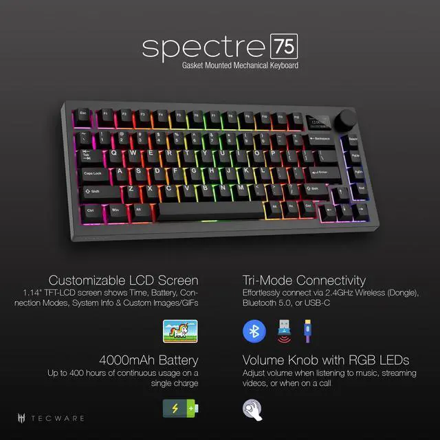 Alt view image 2 of 5 - TECWARE Spectre 75% RGB Mechanical Gaming Keyboard with Customizable LCD Screen, Multi-Function Knob, Gasket Mount, South Face 5-Pin Universal Hot-Swappable Sockets Black Cocoa Brown Switch